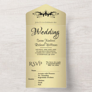 Eenvoudig goud- en zwarte triplex met Rsvp Wedding All In One Uitnodiging