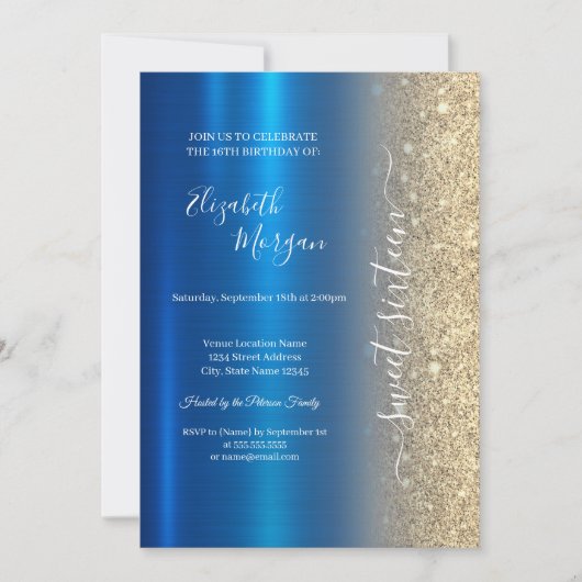 Eenvoudig Goud Glitter Metallic Blauw Zoet 16 Kaart (Voorkant)