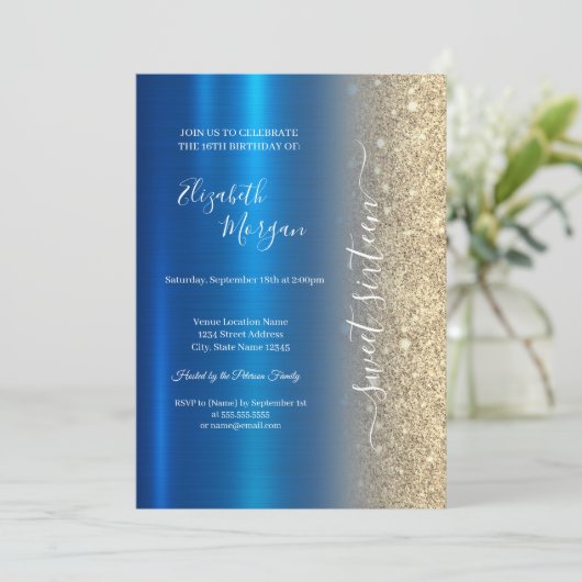 Eenvoudig Goud Glitter Metallic Blauw Zoet 16 Kaart (Staand voorkant)