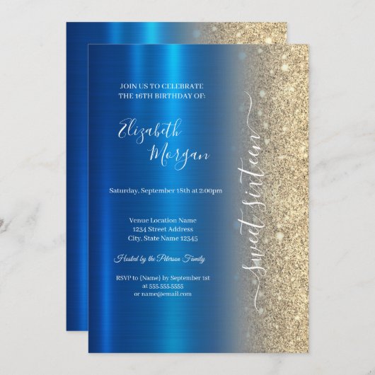 Eenvoudig Goud Glitter Metallic Blauw Zoet 16 Kaart (Voorkant / Achterkant)