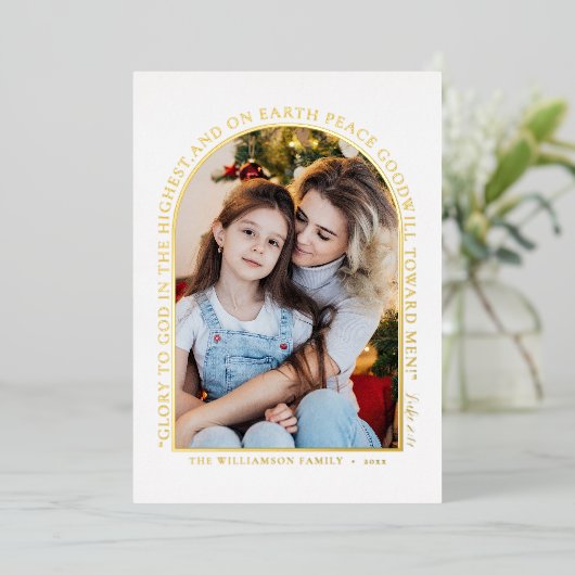 Eenvoudig Goud Groen Fotocollage Kerstmis Folie Feestdagenkaart (Staand Voorkant)