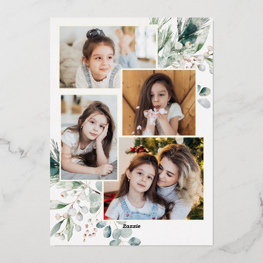 Eenvoudig Goud Groen Fotocollage Kerstmis Folie Feestdagenkaart (Achterkant)