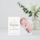 Eenvoudig Goud Kruis Wit Aangepaste Foto baby Doop Briefkaart (Staand voorkant)