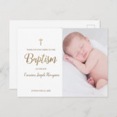 Eenvoudig Goud Kruis Wit Aangepaste Foto baby Doop Briefkaart (Voorkant / Achterkant)