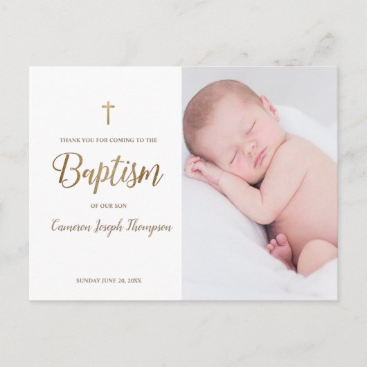 Eenvoudig Goud Kruis Wit Aangepaste Foto baby Doop Briefkaart (Voorkant)