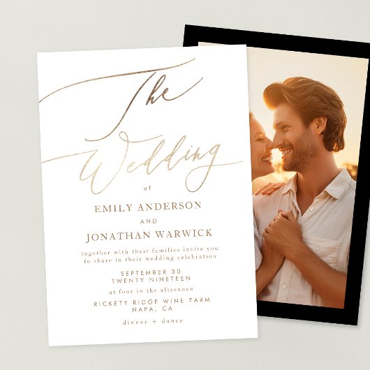 Eenvoudig Goud Moderne Kalligrafie Fotobruiloft Kaart