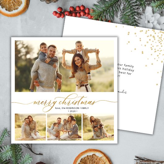 Eenvoudig Goud Script 4 Multi Photo Christmas Feestdagenkaart