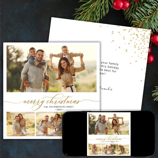 Eenvoudig Goud Script 4 Multi Photo Christmas Feestdagenkaart
