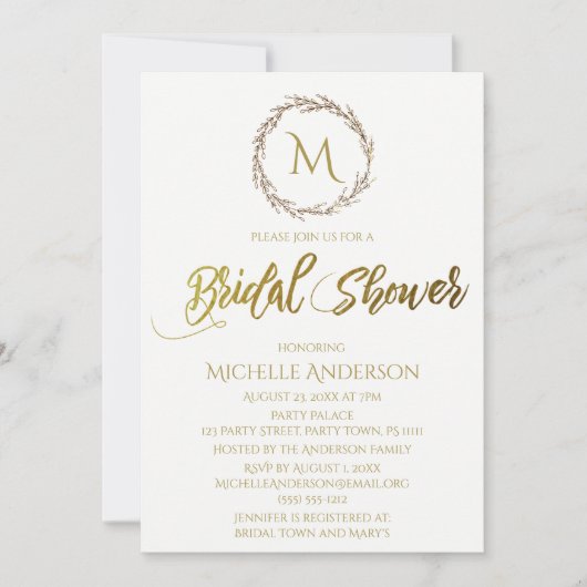 Eenvoudig Goud Wit Monogram Krans Kaart (Voorkant)