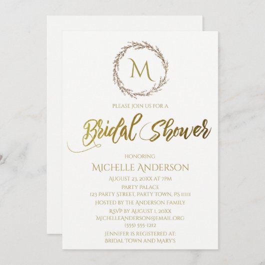 Eenvoudig Goud Wit Monogram Krans Kaart (Voorkant / Achterkant)