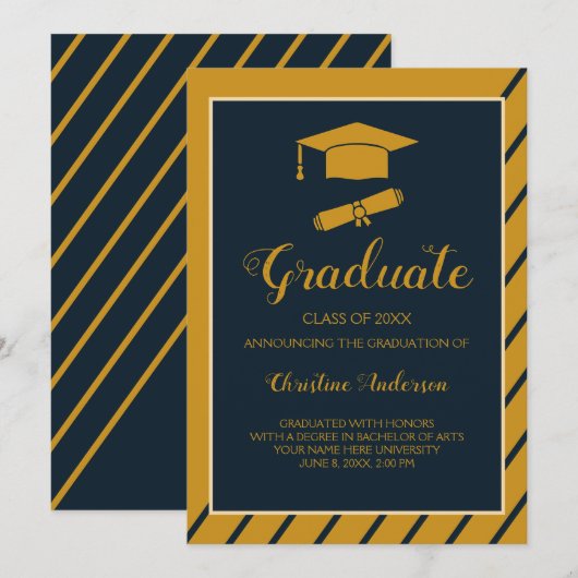 Eenvoudig goudblauw afstudeerder pet stijlvol afst aankondiging (Voorkant / Achterkant)