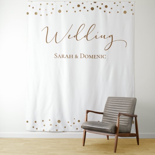 Eenvoudig gouden confetti-huwelijksscript Aangepas Wandkleed (In situ)