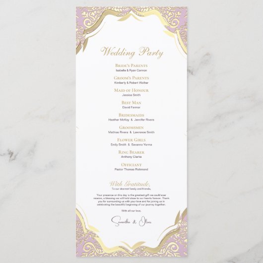 Eenvoudig gouden en roze klassieke huwelijksprogra programmakaart (Achterkant)