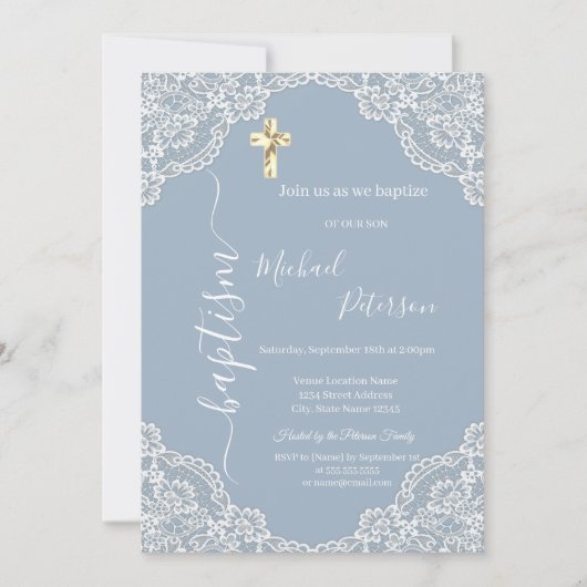 Eenvoudig Gouden Kruis Kant Doop Dusty Blue Kaart (Voorkant)