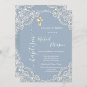 Eenvoudig Gouden Kruis Kant Doop Dusty Blue Kaart (Voorkant / Achterkant)