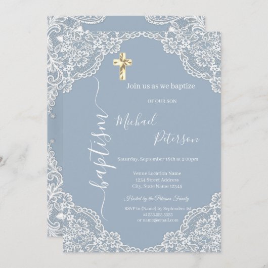 Eenvoudig Gouden Kruis Kant Doop Dusty Blue Kaart (Voorkant / Achterkant)