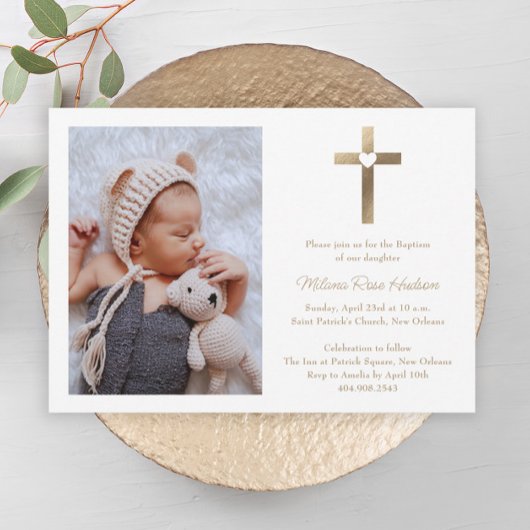 Eenvoudig Gouden Kruis met Hart Foto Doop Kaart