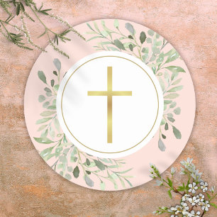 Eenvoudig gouden kruis waterverf groen blush roze ronde sticker