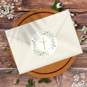 Eenvoudig gouden kruis waterverf groen ronde sticker