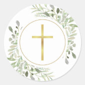 Eenvoudig gouden kruis waterverf groen ronde sticker (Voorkant)