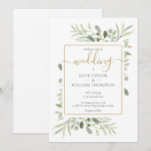 Eenvoudig Gouden Schrift Groene Bladeren Bruiloft  Kaart (Voorkant / Achterkant)