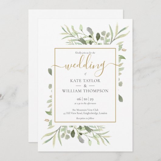 Eenvoudig gouden script groene bladeren bruiloft kaart (Voorkant / Achterkant)