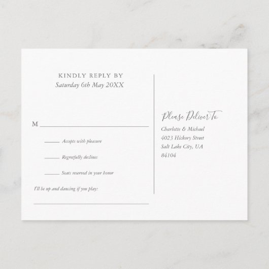 Eenvoudig grijs Elegant Signature Script RSVP Uitnodiging Briefkaart (Achterkant)