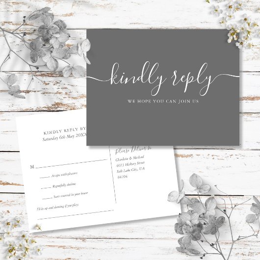 Eenvoudig grijs Elegant Signature Script RSVP Uitnodiging Briefkaart