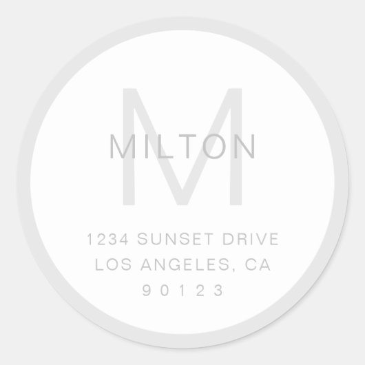 Eenvoudig grijs en wit monogram & retouradres ronde sticker (Voorkant)