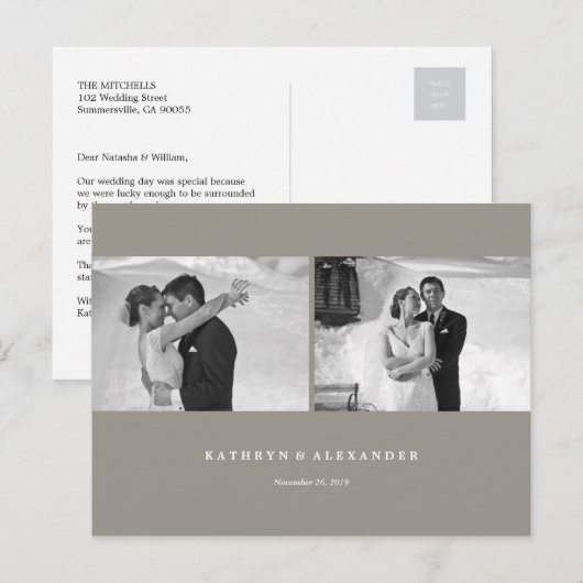 Eenvoudig grijs Lijst bruiloft Bedankt 2 Foto Briefkaart (Voorkant / Achterkant)