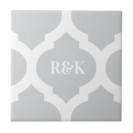 Eenvoudig grijs wit latwerk en monogram patterned tegeltje (Voorkant)