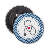 Eenvoudig grijs zurend stethoscoop op blauwe Chevr Button Flesopener (Voorkant)