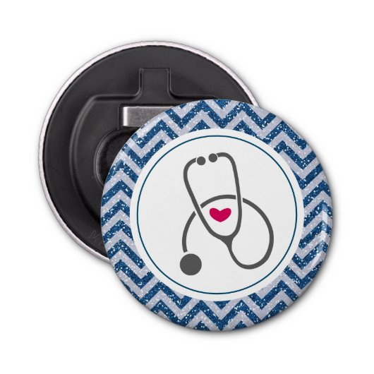 Eenvoudig grijs zurend stethoscoop op blauwe Chevr Button Flesopener (Voorkant)