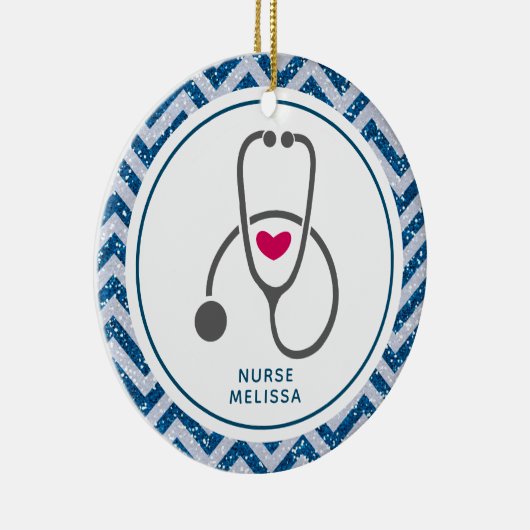 Eenvoudig grijs zurend stethoscoop op blauwe Chevr Keramisch Ornament (Rechts)