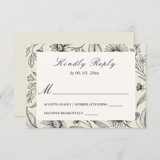 Eenvoudig Grijs Zwart Daisy  Bloemen Bruiloft RSVP Kaartje (Voorkant / Achterkant)