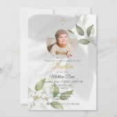 Eenvoudig Groen blad met Fotodoop Uitnodiging (Voorkant)