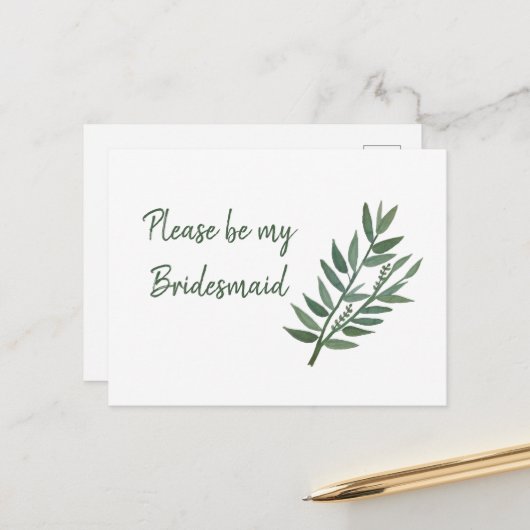 Eenvoudig groen botanisch bridesmaïdevoorstel briefkaart (Voorkant / Achterkant in situ)