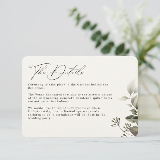 Eenvoudig groen botanische bruiloft details informatiekaartje (Staand voorkant)
