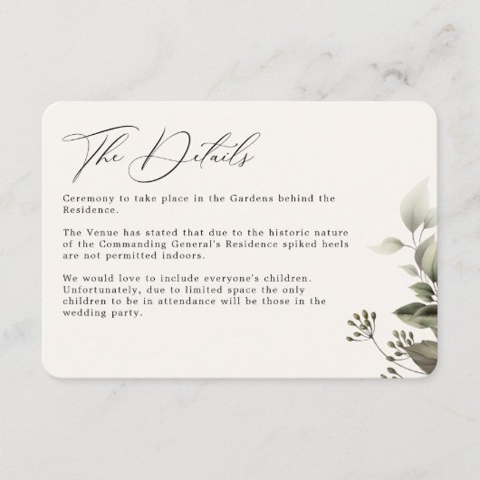 Eenvoudig groen botanische bruiloft details informatiekaartje (Voorkant)