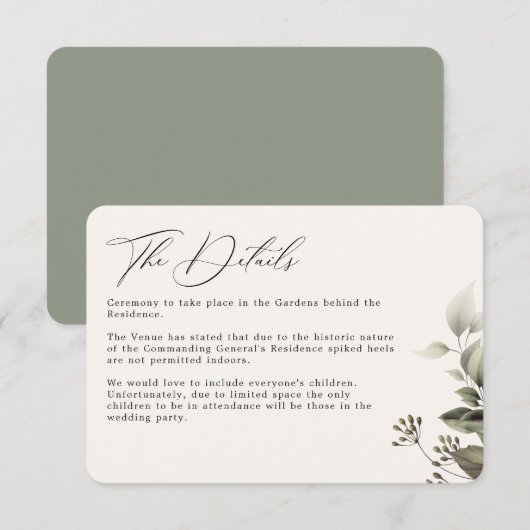 Eenvoudig groen botanische bruiloft details informatiekaartje (Voorkant / Achterkant)