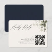 Eenvoudig groen Botanische Dark Navy QR-code RSVP Kaartje (Voorkant / Achterkant)