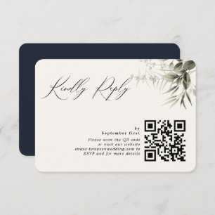 Eenvoudig groen Botanische Dark Navy QR-code RSVP Kaartje