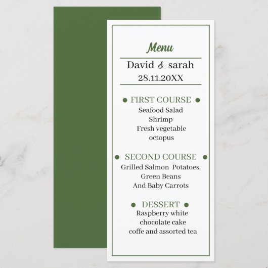 Eenvoudig groen bruiloft diner menu (Voorkant / Achterkant)