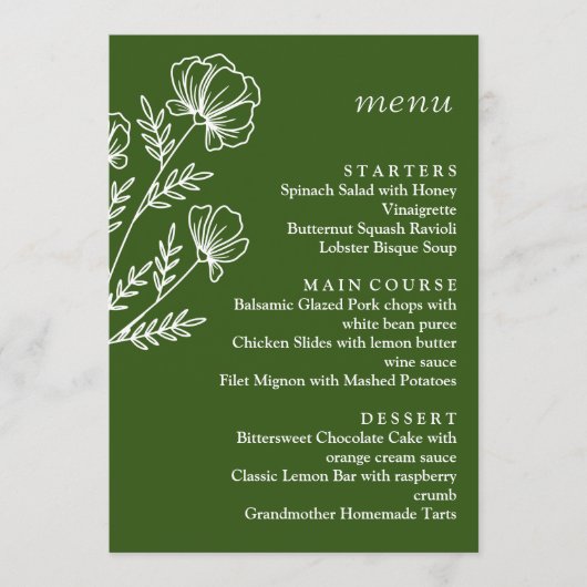 Eenvoudig groen bruiloft menu (Voorkant)