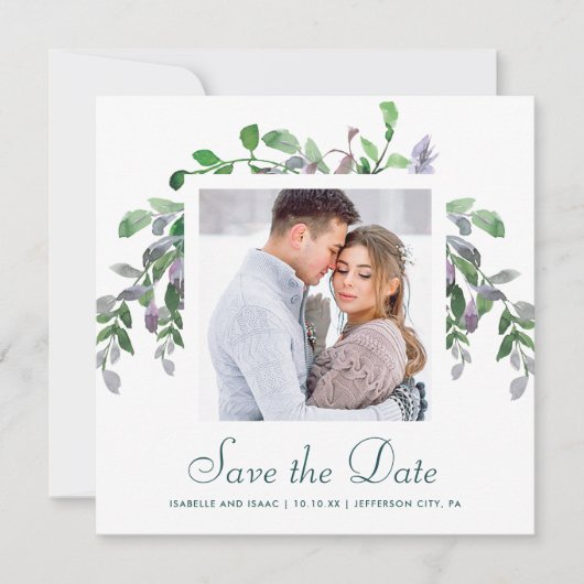 Eenvoudig groen en gebladerte foto save the date (Voorkant)