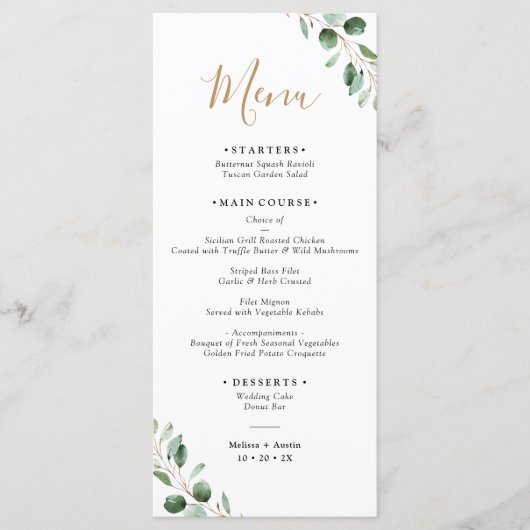 Eenvoudig groen Eucalyptus Elegant Wedding Menu (Voorkant)