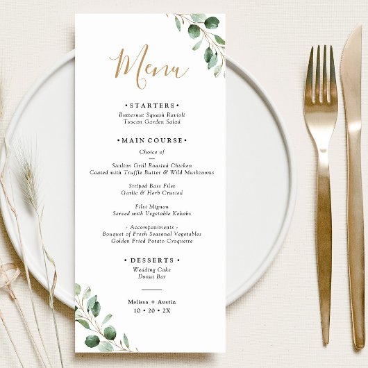 Eenvoudig groen Eucalyptus Elegant Wedding Menu
