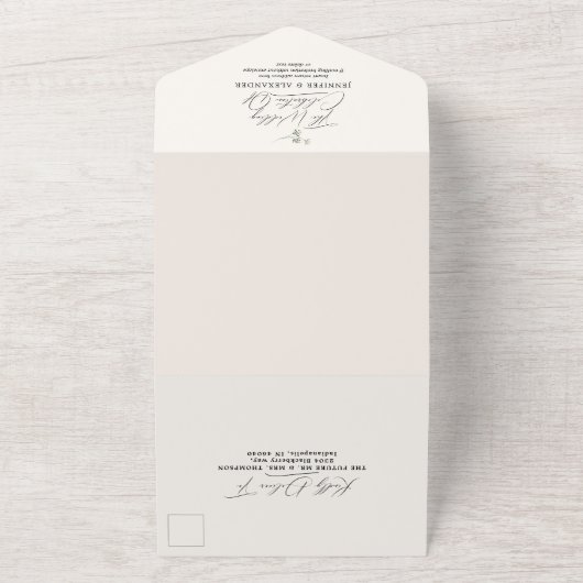 Eenvoudig groen Eucalyptus en Zacht Peach Weddensc All In One Uitnodiging (Buitenkant)