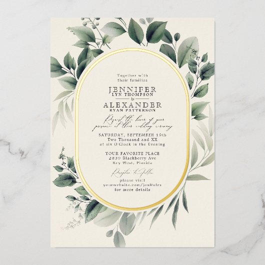 Eenvoudig groen Eucalyptus Ivory Gold Foil Wedding Folie Uitnodiging (Voorkant)