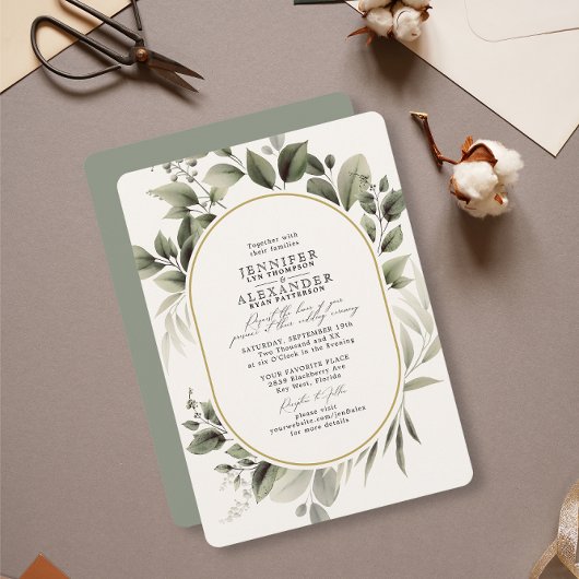 Eenvoudig groen Eucalyptus Ivory Golden Wedding Kaart